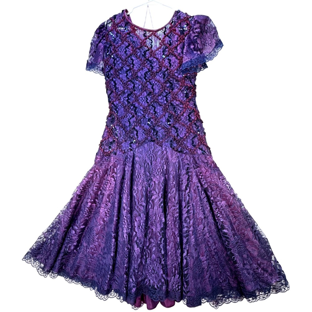 Vintage Lace Sequin Dress Womens 14 Tag Purple Drop Waist Whimsigoth Goth
